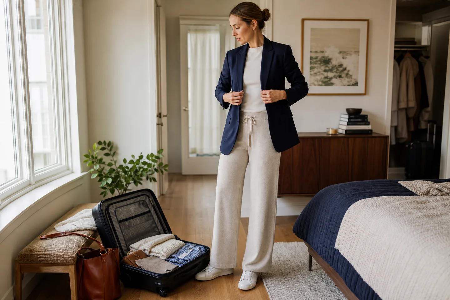 Woman checking a navy blazer over knit trousers beside an open carry-on in a real bedroom