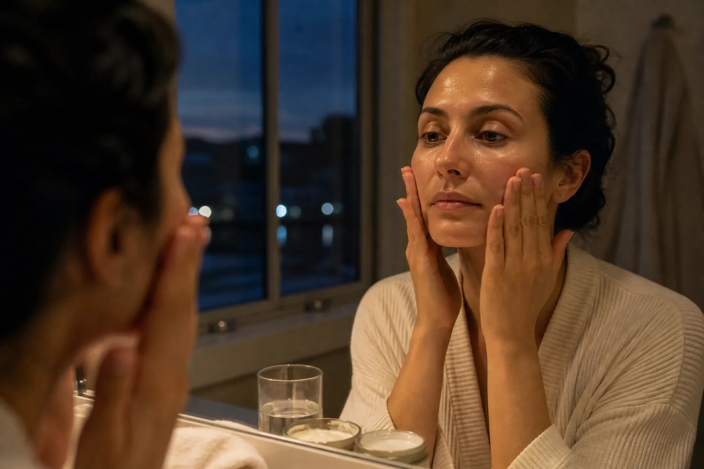 Woman pressing moisturizer into bare skin during a simple evening routine at a warm bathroom mirror