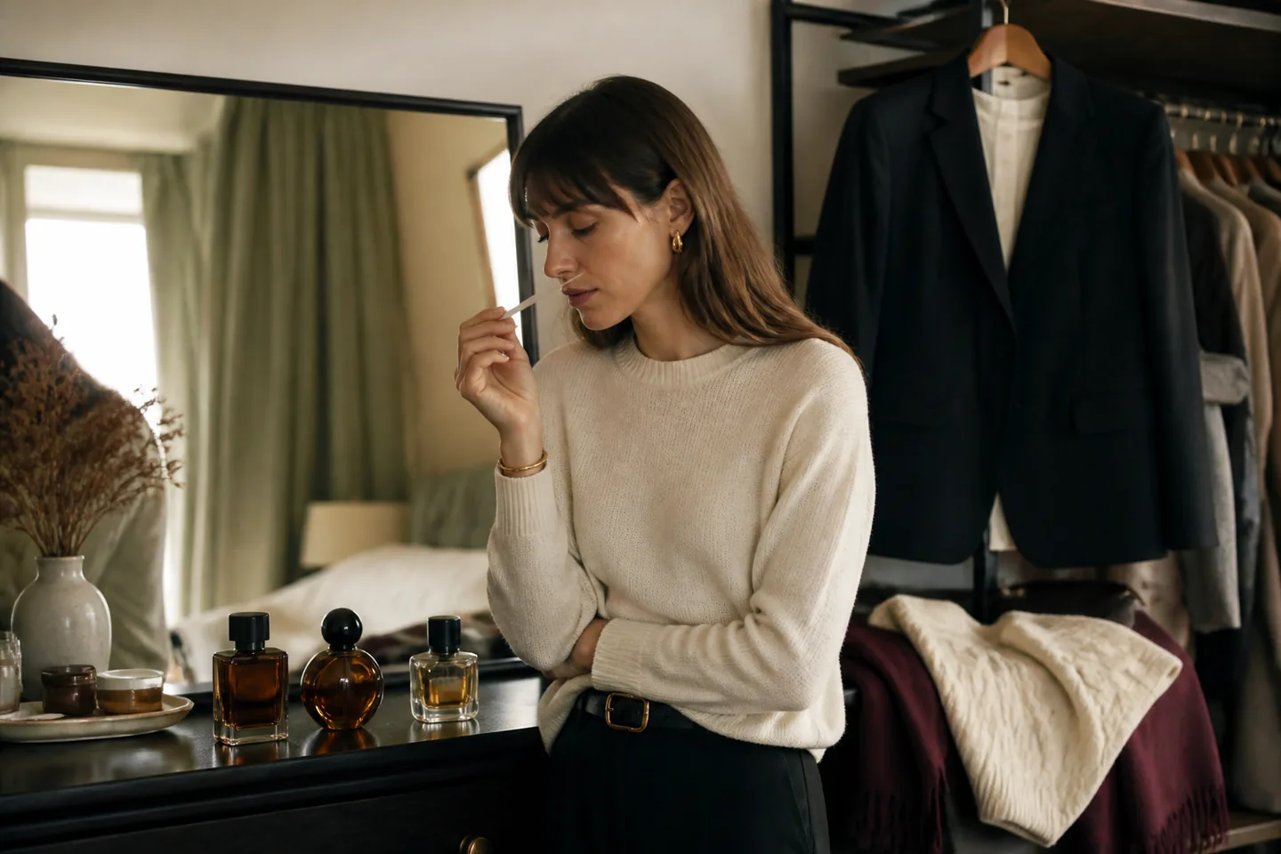 Person comparing three unbranded fragrance bottles with a paper blotter beside an everyday wardrobe