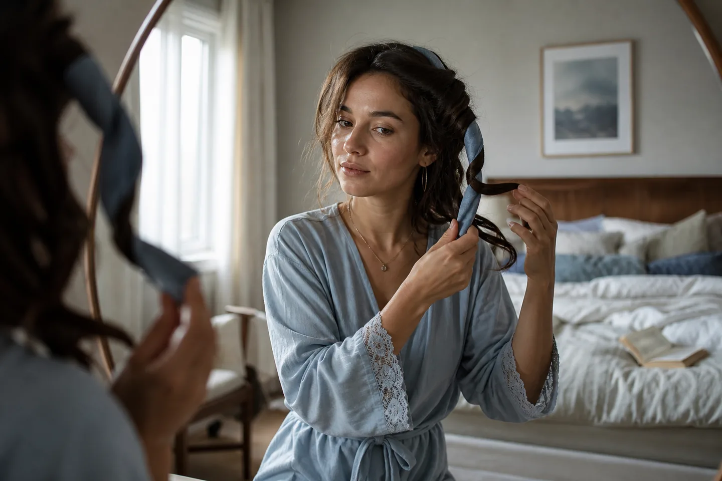 Woman removing soft blue heatless curling ribbons from her hair at a bedroom mirror