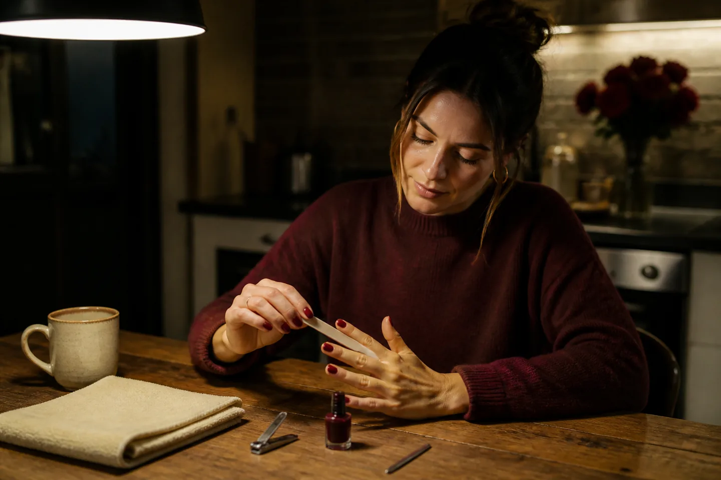 Woman using a simple nail file from a home manicure kit at a warm kitchen table