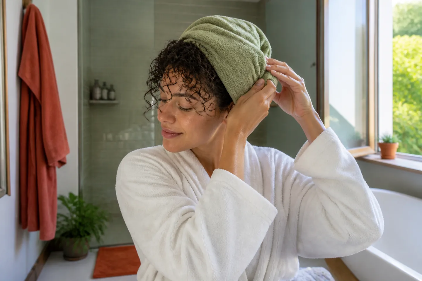 Woman securing a soft green microfiber towel around freshly washed curly hair in a real bathroom