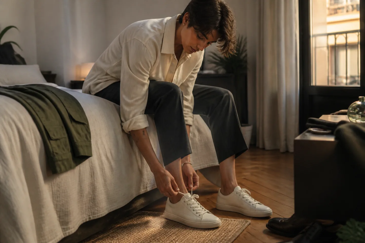 Person tying understated white leather sneakers with tailored trousers before an evening out