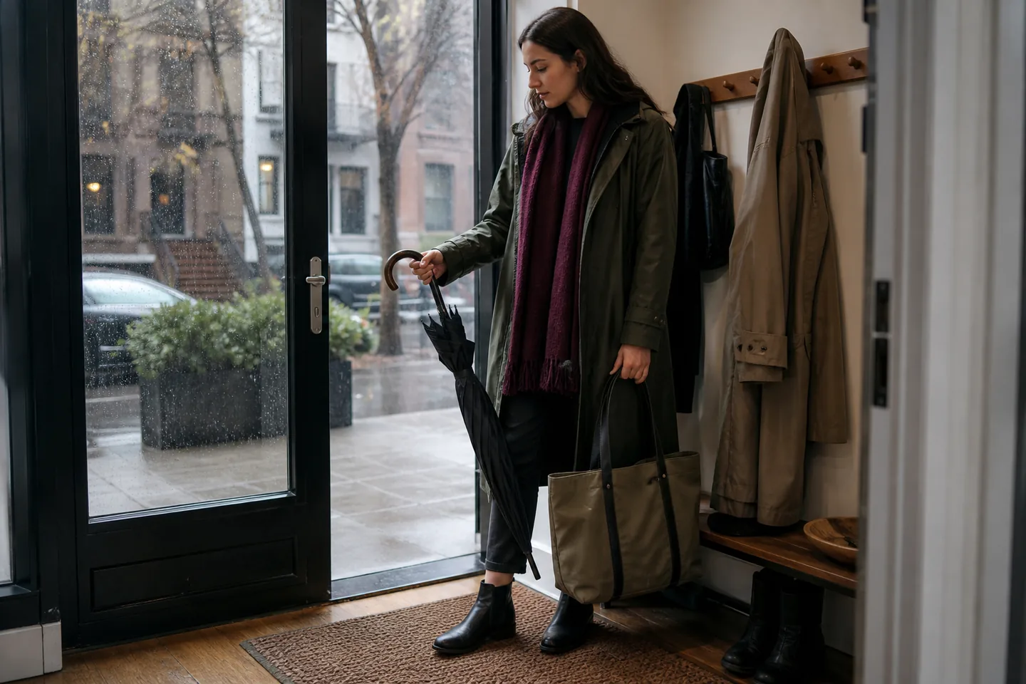 Stylish commuter checking an umbrella and water-resistant tote at an apartment door on a rainy day