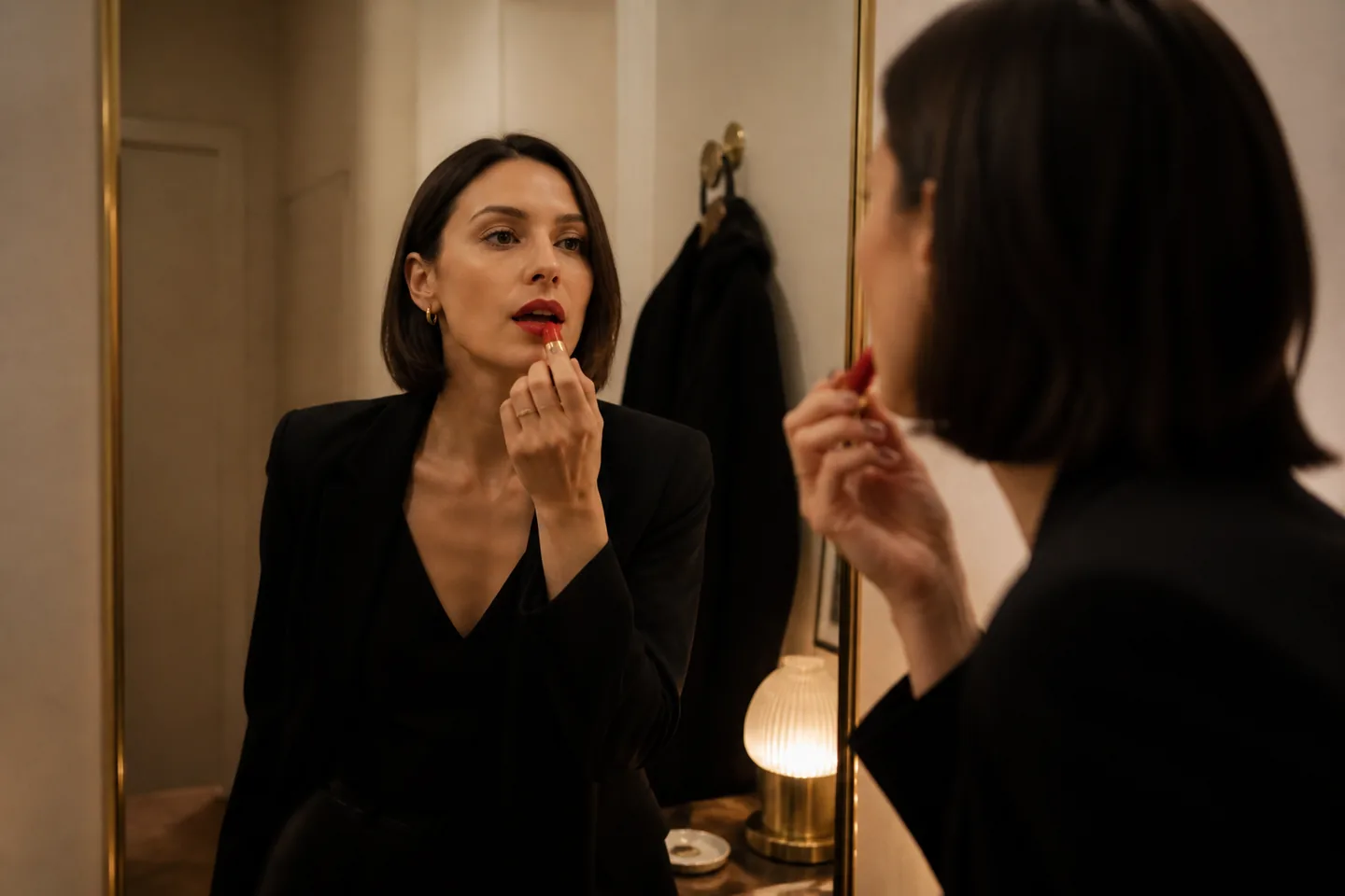 Woman applying classic red lipstick in a warm hallway mirror before an evening dinner