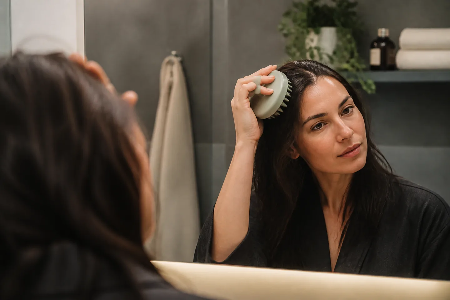 Person gently using a pale green silicone scalp brush at a quiet bathroom mirror