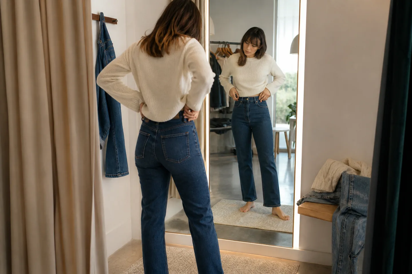 Woman checking the waist and hem of straight-leg blue jeans in a boutique fitting-room mirror