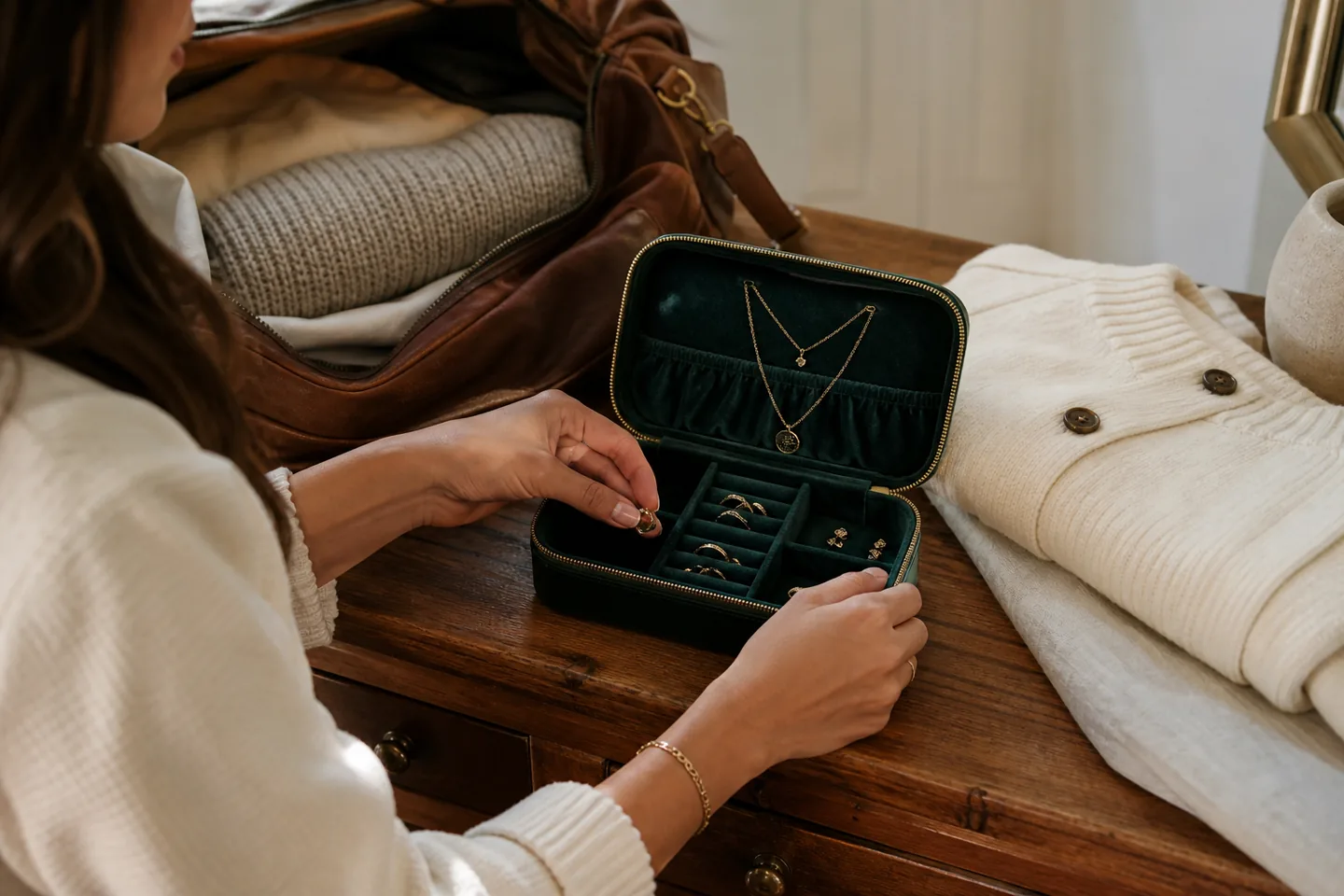 Traveler organizing rings and necklaces in a compact green velvet jewelry case beside a weekender bag