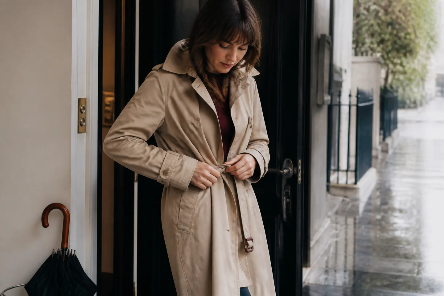 Woman fastening a beige trench coat at an apartment doorway on a rainy day