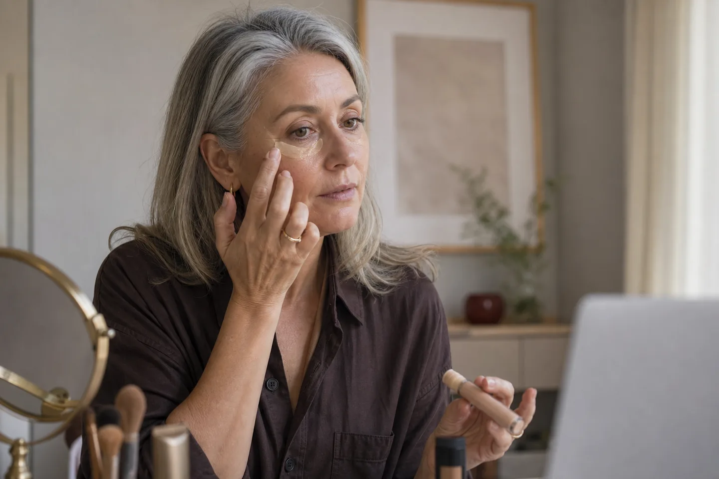 Woman with natural mature skin testing under-eye concealer at a home office vanity