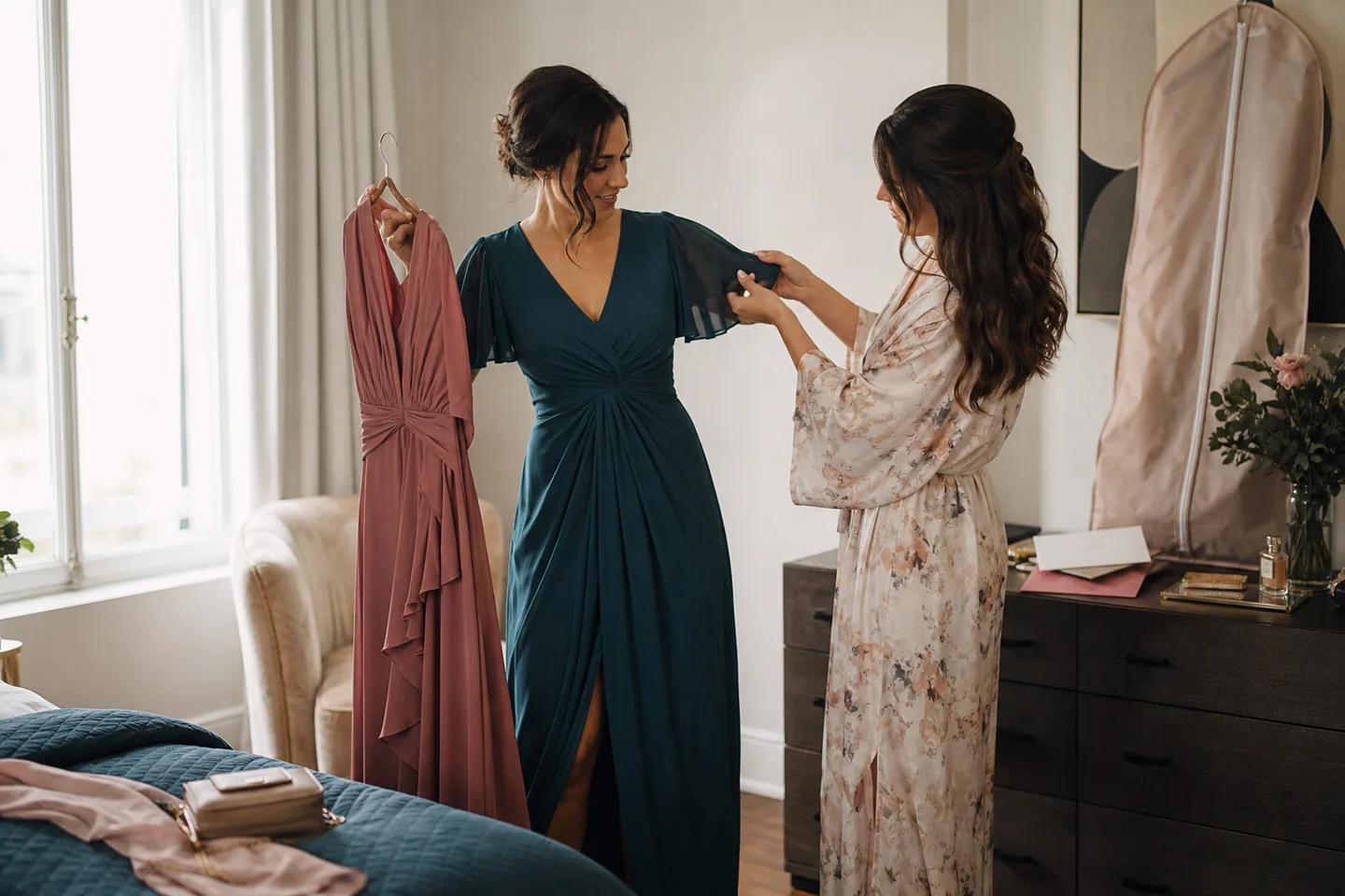 Woman in a deep teal guest dress while a friend adjusts the sleeve in a bedroom before a wedding