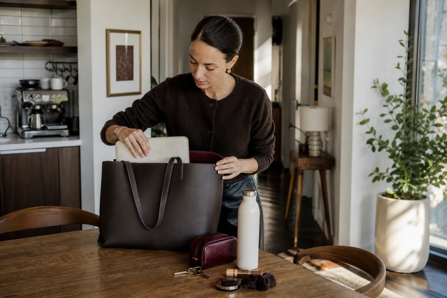 Professional woman packing a structured dark work tote with daily commute essentials at a kitchen table